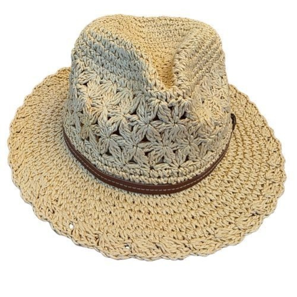 Kooringal Women Natural Straw Floral Crochet Fedora Hat Scalloped Brim Boho